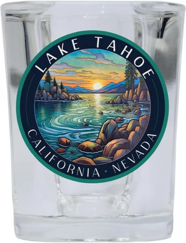 Vista 4 de Lake Tahoe California Design C Souvenir - Vaso de chupito cuadrado de 2.5 onzas, base azul individual