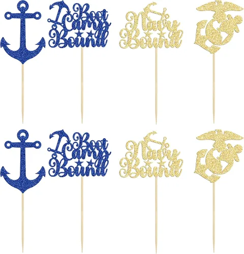 Vista 3 de 24 piezas de decoración para cupcakes con temática militar con purpurina para botas de campamento, decoración de cupcakes con temática azul marino