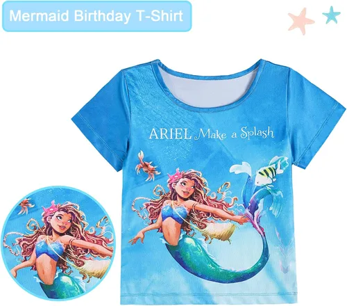 Vista 4 de ADREIT Conjunto de disfraz de sirena de cumpleaños para niñas con collar de corona, vestido de tutú arcoíris para fiesta de cumpleaños de Halloween