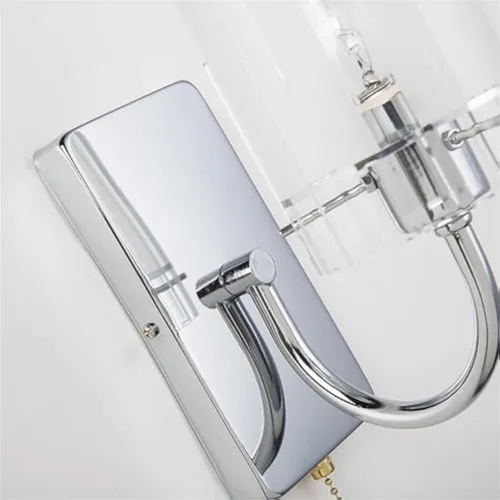 Vista 3 de Aplique de pared LED con interruptor de cadena de cristal transparente, cromado, lámpara cilíndrica moderna de mediados de siglo, lámpara cableada