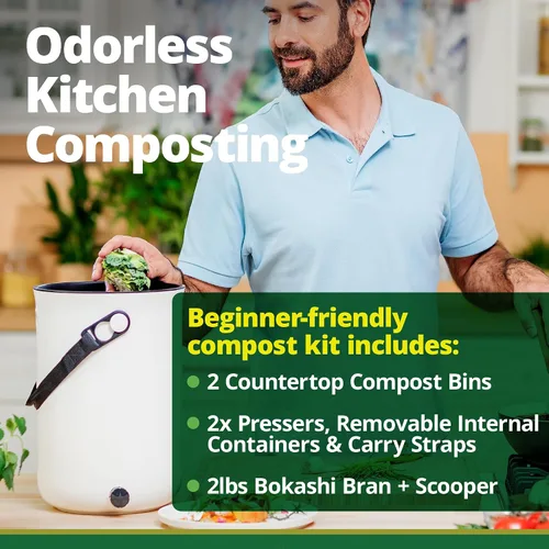 Vista 2 de TeraGanix Bokashi - Contenedor de compostaje + 2 libras de salvado Bokashi, compostador de encimera de cocina, compostaje interior para todas