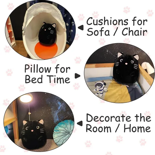 Vista 5 de WEIGEDU Gatito negro de peluche con ojos bordados para niño y niña, decoración de Halloween, cojín de almohada, sofá, regalos de inauguración