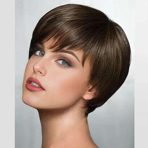 Vista 13 de Creamily Peluca corta rubia de corte Pixie con flequillo para mujer, pelucas sintéticas en capas onduladas con raíces oscuras para mujer, peluca