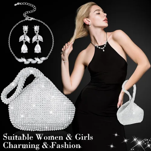 Vista 5 de Meanplan 4 Pcs Silver Clutch Purse Jewelry Set for Women Evening Rhinestone Purse Silver Accessories for Women Bride Wedding Jewelry (Noble Style)