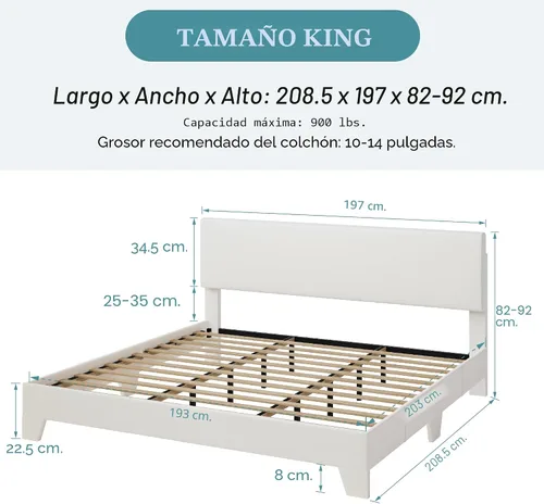 Vista 2 de SHA CERLIN Base de cama tamaño King con cabecera ajustable, plataforma tapizada de piel sintética con listones de madera, base de colchón estable
