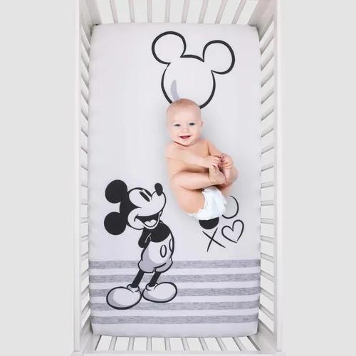 Vista 3 de Disney Mickey Mouse - Sábana bajera ajustable para cuna, color gris, marfil y negro