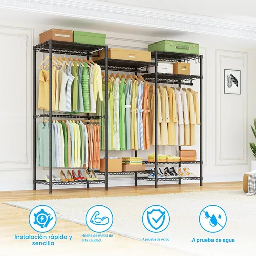 Vista 6 de Ulif E13 Perchero de Ropa de Servicio Pesado (Con 4 Barras Colgadoras y 8 Estantes) Percheros Independientes para Colgar Ropa, Organizador de Closet