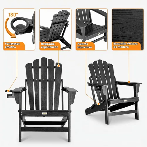 Vista 4 de Silla Adirondack plegable de gran tamaño, silla para hogueras de HDPE Negro