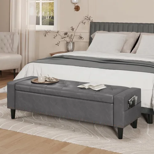 Vista 10 de Banco otomano de almacenamiento de 60 pulgadas, banco de cama tapizado de Blanco crema