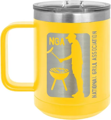 Vista 10 de National Grill Association Taza de café negra de 15 oz con tapa deslizante Taza de café de viaje aislada Idea de regalo para barbacoa y parrilla