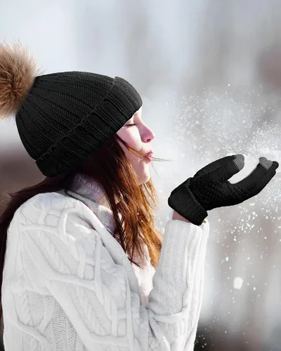 Vista 6 de Juego de 4 gorros de invierno para mujer, gorro de punto, guantes para pantalla táctil