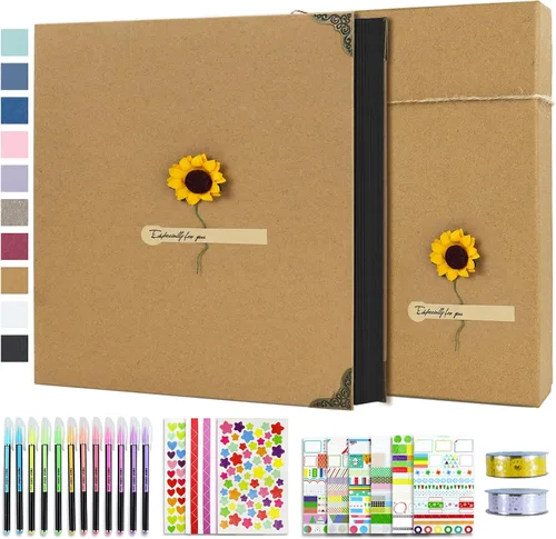 Vista 11 de Vienrose Kit de álbum de fotos de bricolaje con bolígrafos, cintas y calcomanías, 60 páginas, tapa dura de 8.5 x 11 pulgadas, 3 anillos, papel negro