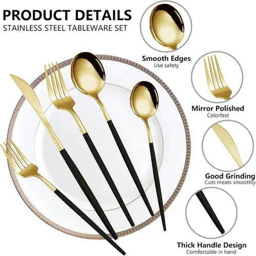 Vista 5 de Kawlity Cubiertos de acero inoxidable duraderos negros y dorados pulidos, cucharas, tenedores, 30 piezas, utensilios de mesa, para cocina
