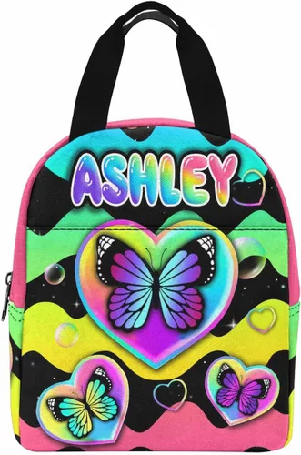 Vista 11 de InterestPrint Bolsa de almuerzo con nombre personalizado para hombres y mujeres, diseño de mariposa rosa y azul personalizada, caja de almuerzo