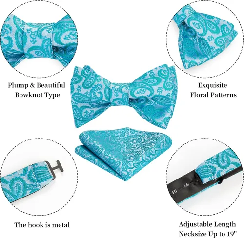 Vista 152 de HISDERN Pajaritas para hombre, corbatín de cachemira para hombre, corbata de lazo y bolsillo cuadrado, juego formal de esmoquin para boda