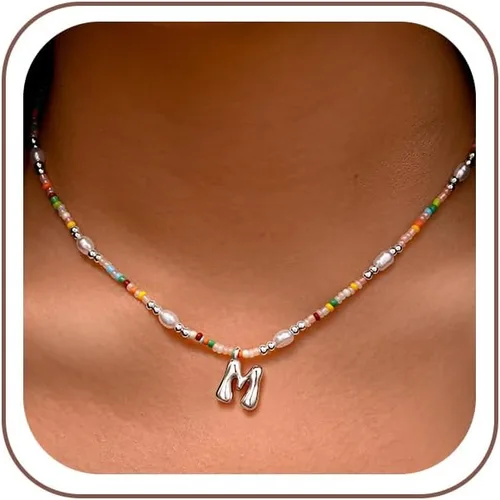 Vista 43 de Ritach - Regalos de Navidad para nietas, adolescentes y niñas, collar con inicial de perlas de colores claros, collar con dije de burbuja dorada