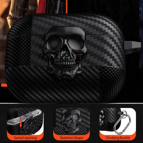 Vista 6 de Funda para AirPods Pro de 2ª generación, calavera con cerradura y llavero para hombres, divertida fibra de carbono de cuerpo completo, a prueba
