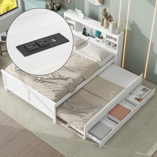 Vista 21 de VilroCaz Cama de plataforma multifunción de tamaño matrimonial con nido y cajones, plataforma de madera con cabecera de almacenamiento y enchufes