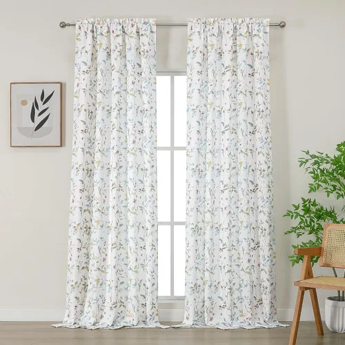 Vista 29 de Chyhomenyc Cortinas de mezcla de lino de 63 pulgadas de largo, 2 paneles de cortina con estampado floral filtrante de luz para sala de estar