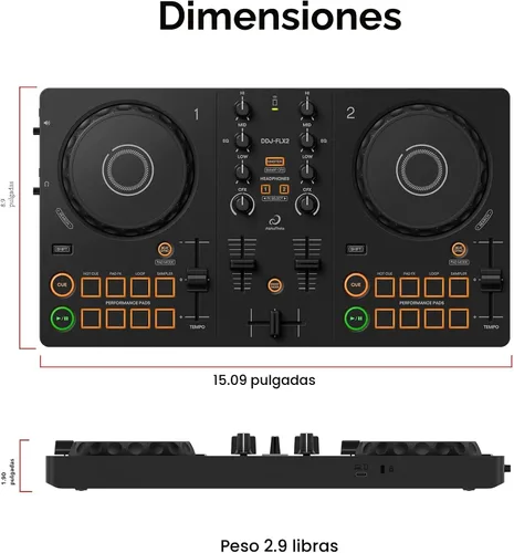 Vista 7 de Pioneer DJ AlphaTheta DDJ-FLX2 Paquete de controlador DJ compacto de 2 canales con estuche, cable para instrumentos y paño de pulido Austin Bazaar
