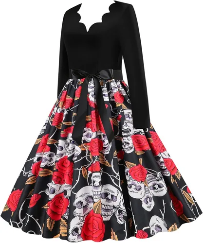 Vista 2 de Vestido de Halloween para mujer, casual, con cuello en V, con cremallera, manga larga, con panel
