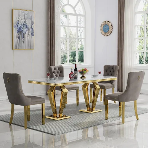 Vista 42 de Juego de 5 mesas de comedor, juego de mesa de cocina y comedor para 4, mesa de comedor rectangular de mármol sintético negro de 70 pulgadas con base