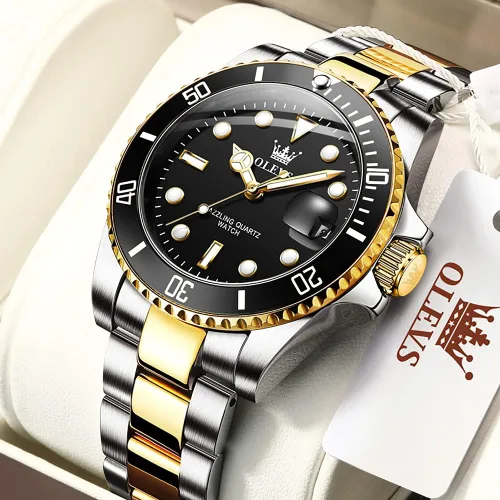 Vista 3 de OLEVS Relojes para hombre con fecha, de lujo, de cara grande, impermeable, reloj analógico, de acero inoxidable, dos tonos, reloj luminoso