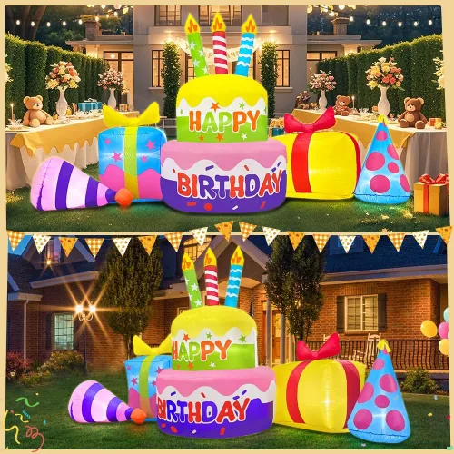 Vista 2 de Decoración inflable de pastel de cumpleaños feliz de 8 pies con velas, decoraciones inflables para patio exterior, luces LED integradas para fiestas
