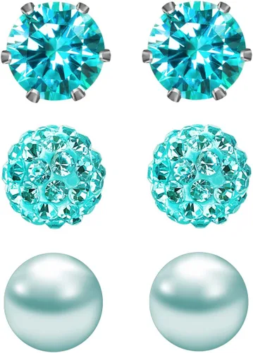 Vista 33 de JewelrieShop - Juego de aretes de tuerca de acero inoxidable con circonitas cúbicas y perlas de imitación, 3 pares de 0.236 in
