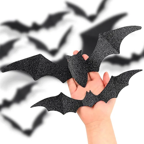 Vista 4 de DIYASY 56 piezas de murciélagos grandes para decoración de pared, murciélagos colgantes con purpurina para Halloween, calcomanías de murciélagos