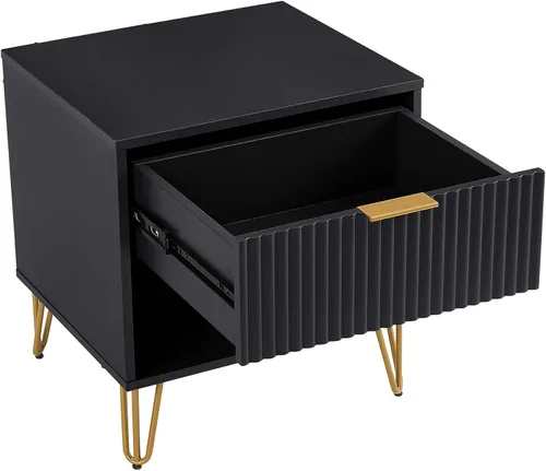 Vista 6 de Manhtattan Comfort Dumbo - Mesita de noche moderna 1.0 con 1 cajón y patas de metal, patas doradas abiertas, diseño acanalado vertical