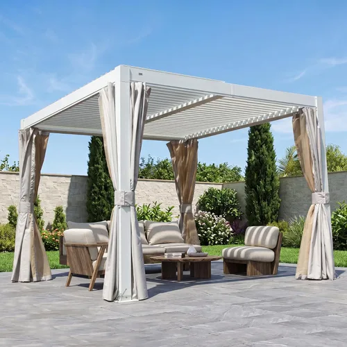 Vista 22 de Domi - Pérgola de aluminio para exteriores de 10 x 10 pulgadas con cortinas y malla Marrón oscuro