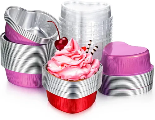 Vista 9 de Honeydak 100 juegos de moldes para hornear con forma de corazón, mini molde de aluminio de 3.4 onzas, lata desechable para cupcakes con tapas