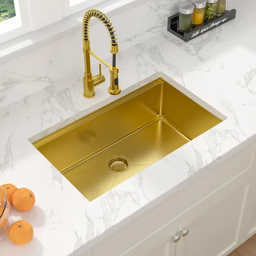 Vista 3 de Sarlai Fregadero de cocina empotrado de 30 pulgadas dorado - Fregadero de cocina de 76,2 cm x 45,7 cm con repisa para estación de trabajo de acero