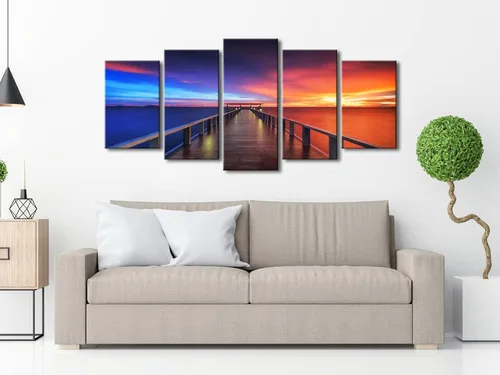 Vista 2 de Pyradecor 5 paneles tamaño XL atardecer, puente, impresiones en lona HD, paisajes del mar, arte en lona, paisajes para el hogar, decoración