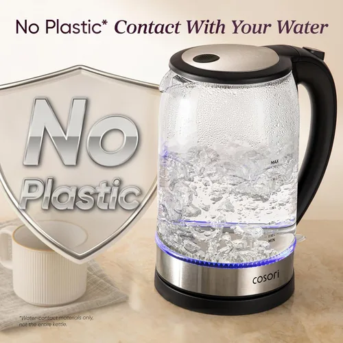 Vista 2 de COSORI - Hervidor eléctrico, sin contacto de plástico con agua, 1.8 qt/1500W, tapa interior y filtro de acero inoxidable, tetera para café y té