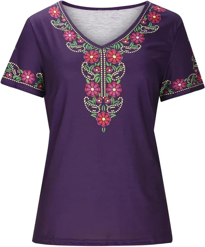Vista 2 de Camiseta estampada con bordado mexicano para mujer, sexy, cuello en V, estilo casual, holgada, de manga corta