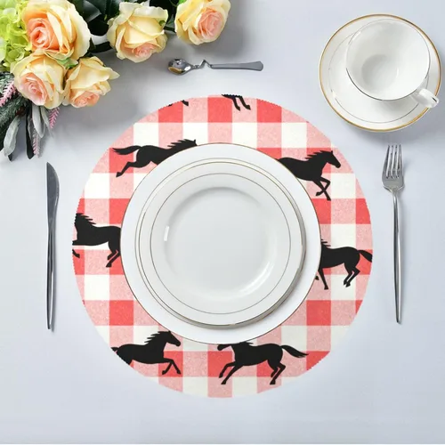 Vista 5 de Red Checkered Running Horse Circle placemats Solid placemats for Dining Table Set of 4 15x15 in individuales para comedor