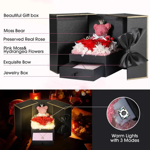 Vista 8 de Bonito regalo de oso de rosas reales preservadas con collares iniciales chapados en oro de 18 quilates para mujeres, día de la madre, cumpleaños