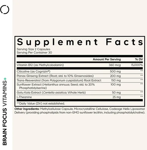 Vista 2 de Codeage Brain Focus Vitamins+, Citicolina Cognizina, Ginseng, 60 Cápsulas