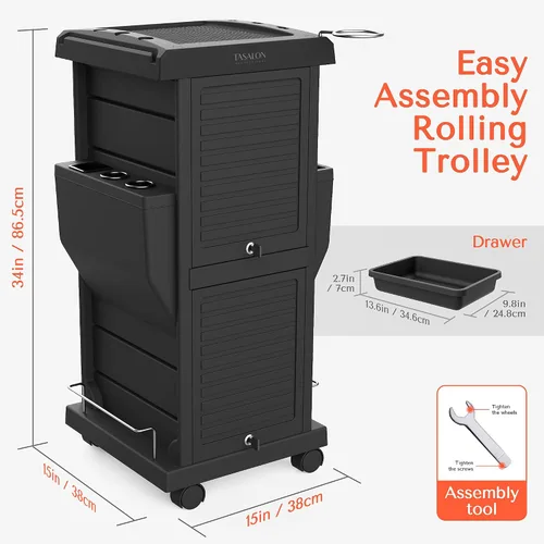 Vista 5 de Carrito de salón profesional TASALON, con 6 bandejas y 2 soportes con cerradura, almacenamiento móvil que ahorra espacio para salón de cabello