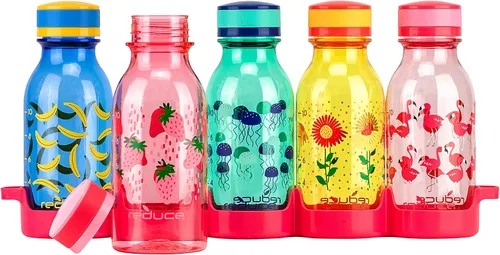 Vista 2 de REDUCE WaterWeek - Botellas de agua reutilizables Tritan de 14 onzas, incluye 5 botellas a prueba de fugas y bandeja para refrigerador, sin BPA