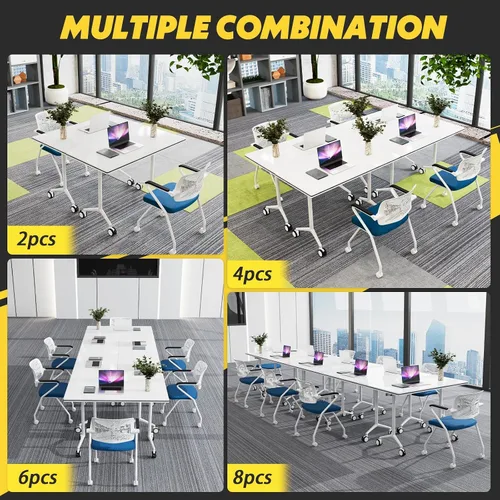 Vista 4 de Mesas de sala de conferencias blancas, mesa de conferencias rectangular plegable con ruedas para reuniones grandes, seminario en casa, oficina Blanco