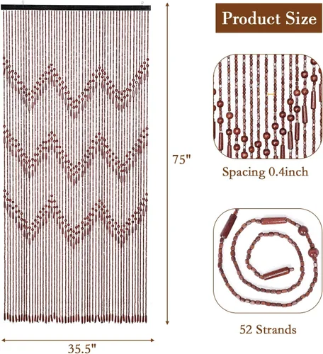 Vista 6 de Cortina hecha a mano con cuentas para puerta, cuentas de madera de bambú, decoración bohemia rústica para tienda del hogar, 35.5 x 75 pulgadas
