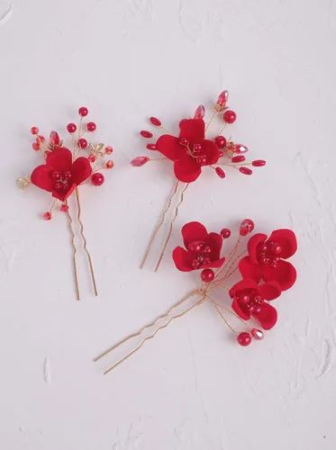 Vista 5 de Accesorio para el pelo de novia, peine de flores rojas con diamantes de imitación y perlas para mujeres, novia, graduación, fiesta, noche