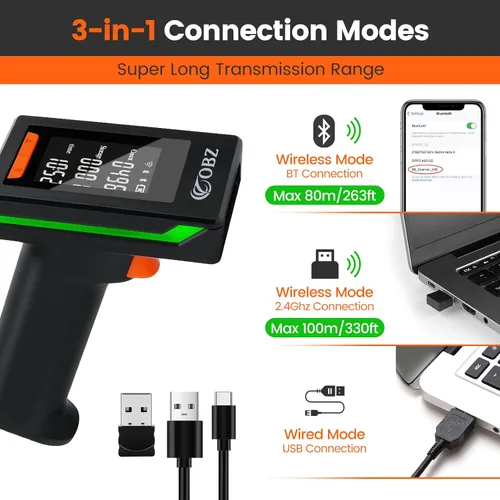 Vista 3 de OBZ Escáner de código de barras Bluetooth 2D con pantalla LCD grande de 2.4 pulgadas, inalámbrico 3 en 1 y Bluetooth y USB, escáner de imagen