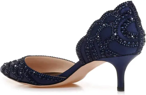 Vista 3 de XYD Zapatos de tacón para mujer, elegante puntera puntiaguda, tacones bajos D'Orsay Kitty, tachuelas de diamantes de imitación, zapatos de satén sin