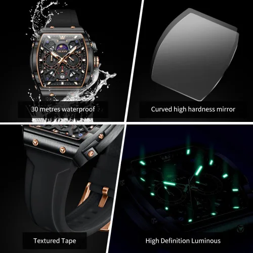 Vista 5 de OLEVS Relojes para hombre de lujo con cara grande, correa de silicona, impermeable, cronógrafo, bonito analógico, de cuarzo, casual, reloj