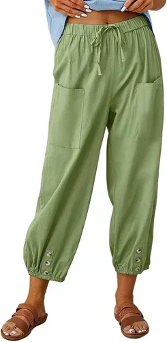Vista 20 de Pantalones capri de cintura alta con cordón y botón de algodón suelto casual con bolsillos para mujer