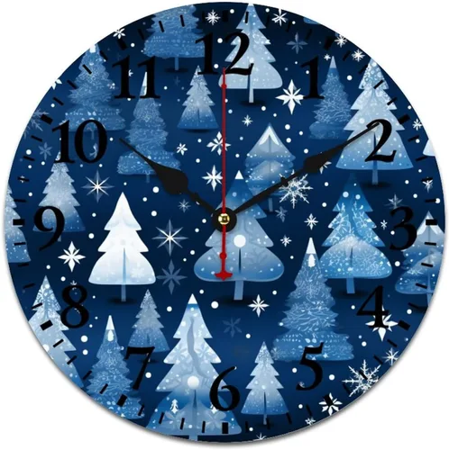 Vista 13 de Reloj de madera con árboles de Navidad y copos de nieve, reloj de pared redondo azul para interiores, funciona con pilas, silencioso, sin ruido